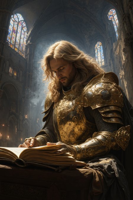 masterpiece, best quality, 4k, HDR, hi-resolution, tetradic colors in details, (volumetric light:0.8), (light diffusion:0.9), light ray tracing,very realistic,midjourney,detailifier,db4rz style, digital art, A paladin in resplendent, aureate armor, perusing a tome within a cathedral. Dynamic three-quarter shot, medium close-up, emphasizing the gravitas of the moment. Intricate embellishments adorn the armor, reflecting the ambient light.  Focus on the serene, yet resolute expression.  Wavy flaxen hair cascades over the pauldrons.  Stained-glass windows and flickering candlelight illuminate the scene, casting chromatic aberrations.  Subtle, yet discernable, jewelry adds a touch of refinement. Deepen the background detail, adding architectural flourishes and a sense of vastness to the cathedral.  Enhance the interplay of light and shadow to create a more dramatic chiaroscuro effect.