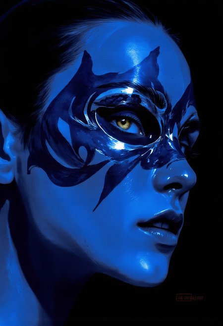 (highly detailed dramatic digital illustration) An extreme close-up of an androgynous face dominates the frame, bathed in intense electric blue light against a pitch-black background. Their smooth, porcelain-white skin contrasts sharply with the deep, inky shadows sculpting their angular features. A high-gloss cobalt mask-like design wraps around their eyes and extends toward their temples, shimmering like liquid metal. Their irises glow in a striking gold hue, radiating an otherworldly intensity. Their lips, painted in a metallic violet sheen, are slightly parted, revealing a subtle glint of silver at the edges. Thin, sharp platinum eyebrows add a sleek, futuristic edge, accentuating their hypnotic gaze.  
The lighting is dramatic, with deep cyan highlights tracing the contours of their sharp cheekbones and jawline, while the interplay of neon blue and black creates a high-contrast, almost surreal effect. Swirling, iridescent patterns resembling liquid metal ripple across their cheeks, shifting in shades of deep indigo and ultraviolet. The hyper-detailed rendering of skin texture, reflective surfaces, and bold color contrasts heightens the futuristic, avant-garde aesthetic, making the face feel both mesmerizing and enigmatic, as if existing beyond time.