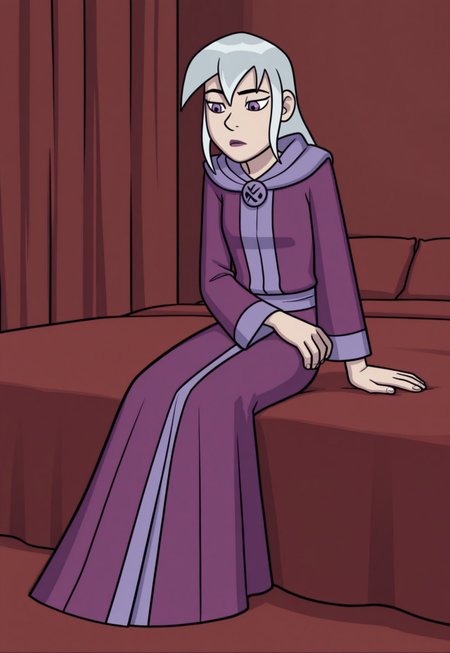 SulSum Style, Silver Hair, Solo, Long Purple Robe, large red bed, 