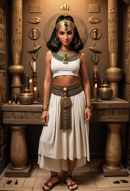 (medium full shot) of (vivacious queen from ancient egypt) young woman, Medium build, black hairbun hair, brown eyes, tan skin, egyptian makeup, wearing lotus flower headband with falcon feather, Linen crop top with woven straps, pleated silk skirt with pleats,  sandals with woven reed straps, embroidered belt with scarab buckle jeweled collar necklace golden armlet with ankh symbol, adorned with the scarab beetle,  set in the ancient egypt era, in  Grooming Area, Elegant space with polished ebony mirrors reflecting flickering candlelight, intricately carved wooden stools arranged neatly around a central basin, jars of fragrant oils and cosmetics neatly arranged on shelves, servants standing by with combs and brushes  , woman smiling, detailed face, ,Masterpiece,best quality, raw photo, realistic, very aesthetic