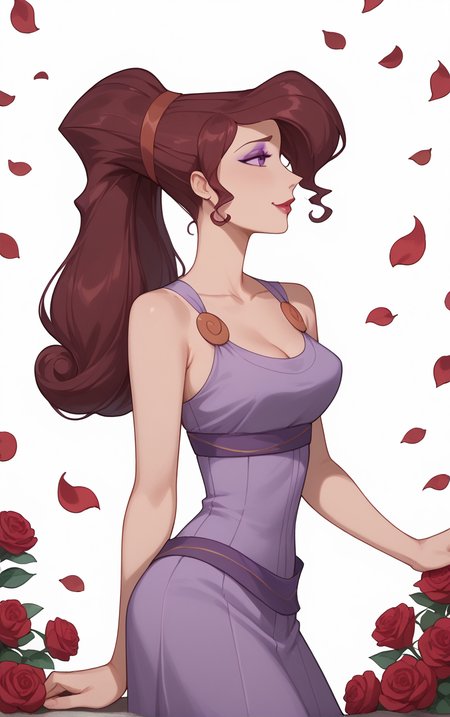 score_9, score_8_up, score_7_up, BREAK
MainOutfit_Megara_ownwaifu, 
1girl, big hair, breasts, curly hair, eyelashes, hair bun, high ponytail, long hair, makeup, narrow waist, purple eyes, purple eyeshadow, red hair, red hairband, red lips, lipstick, medium breasts, dark skin, dark-skinned female, hair over one eye, collarbone, 
purple dress, sleeveless dress, cleavage, clothes around waist, sleeveless, bare shoulders, long dress,
(contrapposto, from side, looking down, cowboy shot), falling petals, red petals, simple background, bokeh,  <lora:PONYXL_Hercules_Megara_ownwaifu:0.9>, solo,