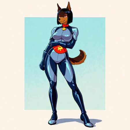 0ph313ia,1girl,solo,furry,furry female,dog girl,pointy ears,black hair,short hair,straight hair,red eyes,snout,animal nose,body fur,dog tail, RoadRovers Suit, full body
