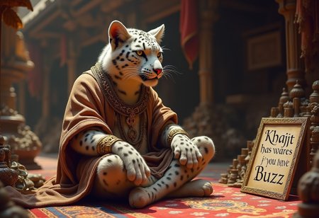 breathtaking photography, masterpiece of art, highest quality, 32k, intricate details, realistic fur texture, imagine a bustling mediaval market with an arab atmosphere where a rough but goodhearted and refined but battle-hardened cat male human furry anthro hybrid with a snow leopard fur pattern in expensive gold-rimmed and finely patterned tunic clothing and jewelry is sitting on a masterwork patterned arabian carpet between piles and piles of fine antique artifacts and neatly arranged trinkets that he is selling. He is looking at the viewer and waving them to come closer. There is a sign propped up in the foreground that has "Khajit has wares if you have Buzz" in a gothic typeface written on it.