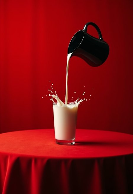 A side view of an empty, open table covered in red and black velvet fabric on a bright red textured background, In the foreground is a tall glass of fresh cream and a black ceramic jug floating in the air and pouring milk into the glass in a photorealistic style, There are splashes of milk and drops flying from the glass with moody studio light.