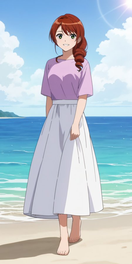 score_9, score_8_up, score_7_up, source_anime, rating_safe, intricate details, anime screencap, official style, anime coloring, solo, 1girl, <lora:Sarah_Damon:1>, sarah, cherry auburn hair, green eyes, drill hair, hair over shoulder, lavender shirt, white skirt, long skirt, barefeet, looking at viewer, outdoor, beach, ocean behind, sun, walking, lifted skirt, lifted by herself, smile, teeth