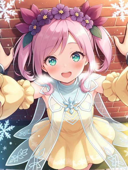 1girl,rikka queen strenna,solo,open mouth,smile,looking at viewer,blush,:d,winter,purple hair flower,see-through cape,yellow detached sleeves,yellow strapless dress,pov, from above,blush, breath,snowflakes,garden, 1boy, kabedon, brick wall, 
masterpiece,best quality,amazing quality,very aesthetic,absurdres,newest,<lora:Rikka Queen Strenna illusXL v1.1:0.7>,