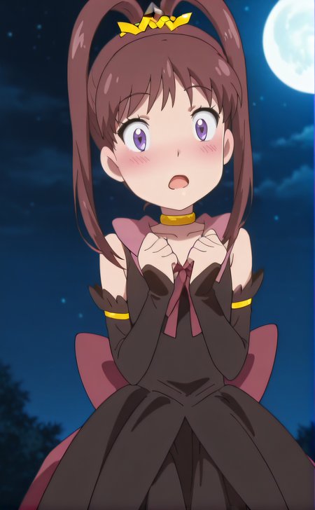 masterpiece, best quality, highres, newest, 1girl, solo, official style, anime screencap, <lora:Black_Magical_Girl:1>, blackmagicalgirl, black dress, magical girl, detached sleeves, choker, looking at viewer, night, moon, outdoor, cowboy shot, <lora:IL_Amano_Nene_v2:1>, nene, split ponytail, open mouth, blush, hands up, surprised
