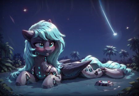 black Pegasus pony, techno, cyborg, bluish teal hair, laying down ,teal eyes, happy, Neon illumination,  water, plants glowing around, closeup, shooting stars, nebula sky ,moon in sky, stars in sky, 8k. best quality