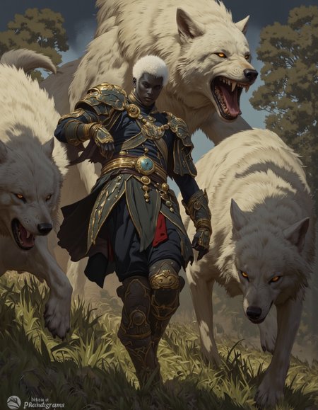 By Phandigrams. A dramatic digital illustration shoot from below about a dark-skinned warrior in ornate armor surrounded by fierce wolves in a dynamic pose. the scene is set in a forest with sunlight filtering through the trees, casting a warm glow on the scene. on the middle of the image, a muscular, black-skinned male warrior appears to be in his mid-twenties, with short, spiky white hair and a serious expression. he is wearing intricate, dark armor with gold accents, and is positioned in the center of the frame. behind him, two large, white wolves with glowing yellow eyes are running towards him, their mouths open in a fierce roar. the wolves appear to be of varying sizes, with the larger one on the left and the smaller ones on the right. the background is a dense forest with light filtering through trees, creating a dramatic and intense atmosphere. the overall style is detailed and dramatic, with a focus on the warrior's powerful stance and the wolves' fierce expressions.