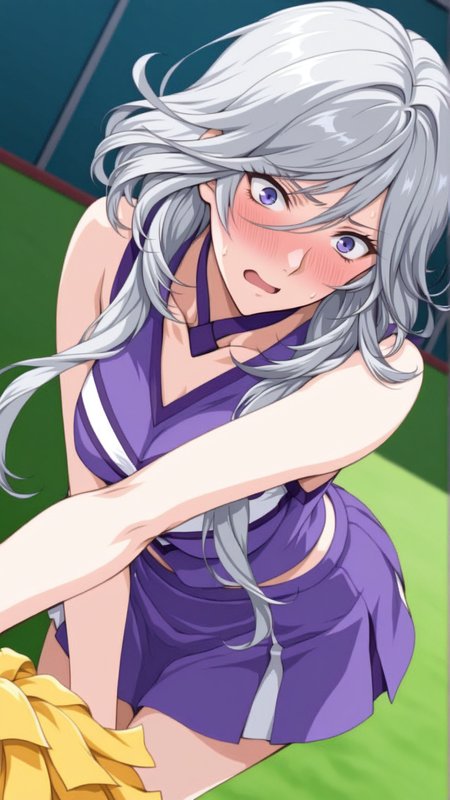source_anime, general, best quality, masterpiece, 1girl, <lora:Ziony_Regis_ill_v1.0:1> ziony_regis\(srw\),blue eyes, white hair,grey hair, purple eyes,long hair,cheerleader,flustered, (embarrassed:0.9),  dynamic pose, dutch angle,