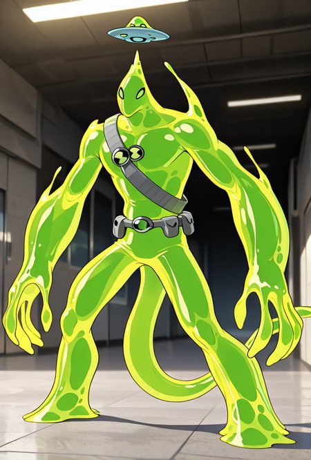 <lora:goop-09:1> goop, solo, no humans, male focus, green skin, pokemon (creature), slime (substance), translucent character, transparent skin, floating small  ufo on head, dynamic pose, stretchy limbs, green slime, massive hands, 
buff, big body, underbite, dinosaur head, square head, slime tail, grey bandolier, grey straps,  muscular, masterpiece, best quality, amazing quality, very aesthetic, absurdres, newest,