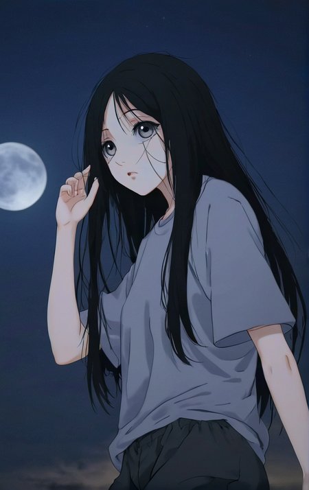 <lora:baobao_XL_0_-000004:1.1>,baobao,1girl,watching you in the moonlight,expression numbness,gray eyeball,outdoors,t-shirt,shorts,scatter long straight black hair,simple background,