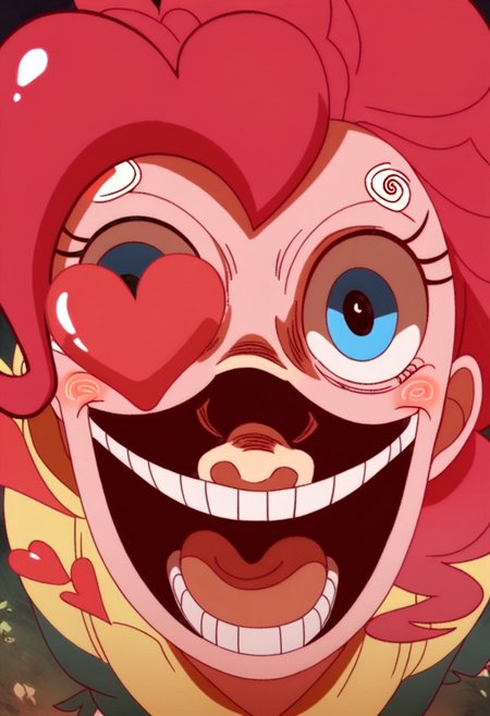 score_9, score_8_up, score_7_up, BREAK, my little pony, Pinkie Pie, a pink earth pony with blue eyes, outdoors, daylight, insanity-angle, expressionless face, show accurate, SanijSimpface, heart shaped eyes, eye-pop-out, popping eyes, eye popping out, tonque out,