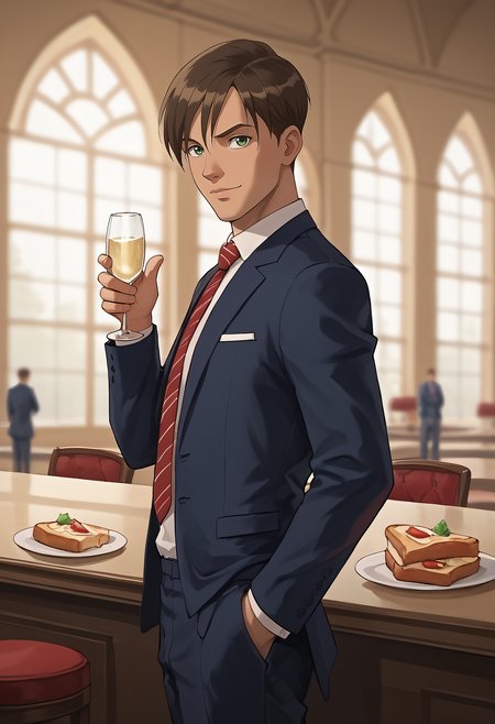embedding:Pony\Positive\zPDXL3, score_9, score_8_up, score_7_up, 1boy, david_ts!, brown hair, straight hair, green eyes, tanned skin, slim body, formal, suit, tie, champagne glass, have a toast, look at viewer, depth of field, from side, best quality, high resolution, masterpiece.