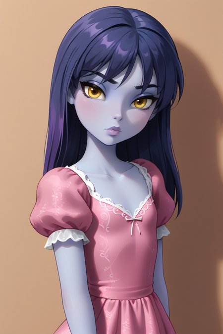 1girl, solo, owidowm, purple hair, yellow eyes, blue skin, lips, seductive, half closed eyes, looking at viewer, flat chest, pink dress, lace dress, puffy sleeves,
 <lora:OWidowM:0.9>
 <lora:1StS_age_slider_v1_initial_release:-4>
 <lora:Dean Yeagle StylePonyLyco:1.2>
 <lora:princess_xl_v2:1>
