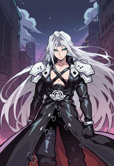 score_9, score_8_up, score_7_up, marvelrivals, 1boy, solo, (sephiroth), official outfit, grey hair, long hair, very long hair, parted bangs, armor, open clothes, shoulder armor, long sleeves, leather straps crossing pectorals, black jacket, jacket, black gloves, high collar, long bangs, black coat, green eyes, slit pupils, slums, night time, action pose, dynamic pose, detailed light source, atmosphere, detailed clothing, detailed hair, detailed skin, Expressiveh, sfw