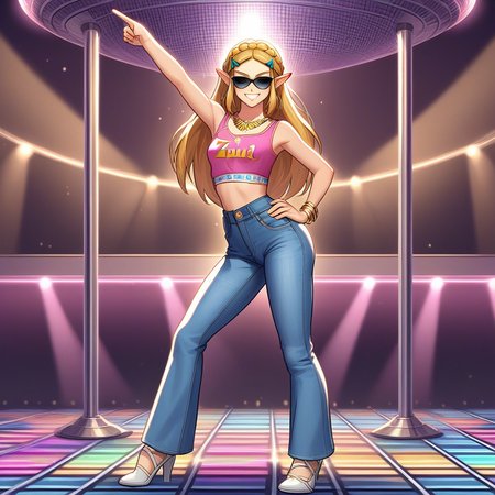 score_9, score_8_up, score_7_up, score_6_up, score_5_up, score_4_up, zPDXL2,source_anime,rating_questionable, 1girl,Princess Zelda, <lora:Disco:0.8>d1sco , disco, solo, pointing, flared jeans,  disco floor, smile, crop top, standing, 80.8's fashion, tinted glasses