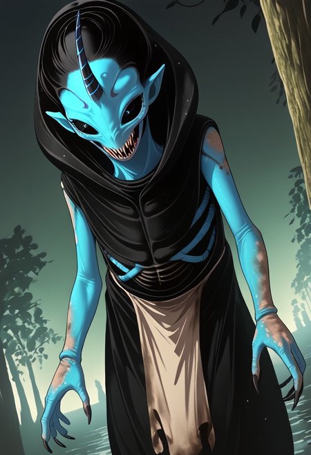 ((Alien humanoid)),
((Alien species)), solo, androgynous, aquatic features 
blue skin, ((webbed hands)):1.3,
((No nose)):1.3, ((nostrils only, nostril slits, vertical nasal slits, narrow nostrils)):1.5, ((narrow eyes)), ((black sclera, black irises)), smooth skin,  pointy ears, small ears, tiny ears, holes in skin, forehead horn, short horn, veiny horn, ((single horn)):1.0, ((4 fingers)), fingernails, thin lips, ((black hair)), ((short hair, spiky hair)), sharp teeth, digitigrade legs, bent legs,
Distant shot
ragged clothes, muddy clothes, loincloth, tunic, dirty
Medieval style, fantasy style,
((Variety)):1.2
((dutch angle, 3/4 view))
river background
fully clothed, loose clothing, clean lines, smooth colors, detailed fingers, sfw, source: realistic, rating: pg, score: 8 up, score: 9