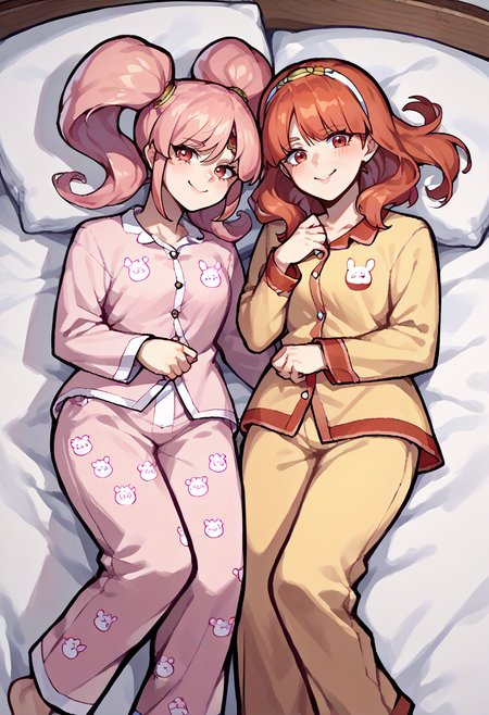 score_9, score_8_up, score_7_up, source_anime, 2girls, multiple girls, bed, looking at viewer, smile, BREAK <lora:Mae-pdxl_Fp:1>, maefe, twintails, pink hair, pink eyes, circlet, long hair, pajamas, smile, one eye closed,  BREAK <lora:fecelica-pdxl-nvwls-v1:1>, defCeli, red hair, red eyes, hairband, pajamas,