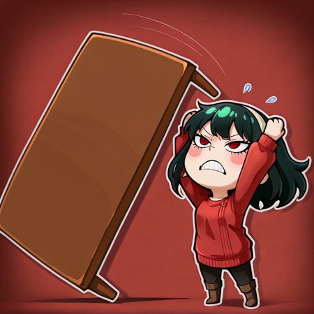 masterpiece, best quality, newest, absurdres, highres, anime, anime style, colorful, sticker, outline, chibi, Table-Flip-IL.V1.0, table, table flip,
1girl, yor_forger, spy_x_family, black_hair, red_eyes, red sweater