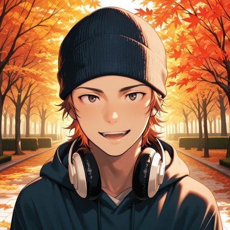 masterpiece, best quality, amazing quality, absurdres, newest, detailed background, definition so sharp, Ultra-HD, 8K cinematic, very awa, impressionate, amazing quality, highres, 
solo, male focus, manly, 
1boy, short hair, beanie, headphone around neck, misaki_orange hair, misaki_brown eyes, misakiyata, casual outfit, hoodie, bright lighting, park, autumn leaves, warm colors, lively, friendly, approachable, genuine happiness, looking at viewer, open mouth smile,