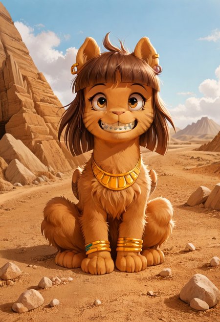 full body, ((solo)), furry, fluffy, fluffy fur, perfect eyes, zPDXL3, ((action_pose:1.5)), sfw, 

cute female furry feral chibi m4gp1e, sitting, greeting, smiling, braces, waving, rocks, source_furry <lora:Magpie (Riddle Me This!) [Pony]_epoch_12:1> m4gp1e, sphinx, feral, jewelry, bracelets,

(((outside desert mountain))),  

(high detailed face), (high art quality), (high detailed), 4k, (high resolution), (8k resolution), masterpiece, best quality, ((scenery)), detailed background