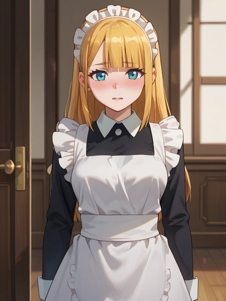 score_9, score_8_up, score_7_up, score_6_up, score_5_up, score_4_up, source_anime,,cinematic shadow, character focus, detailed skins, perfect curvy medium breasts,cowboy shot,,body blush,<lora:StS_PonyXL_Detail_Slider_v1.4_iteration_3:4>,  <lora:Tuareninya_Veyron__Overlord_:1>,tuareninya,long blonde hair,straight hair,bangs,blunt bangs,blue eyes,tuareninyamaid,maid,maid headdress,frilled white maid apron,frills,black long sleeves dresss,standing,