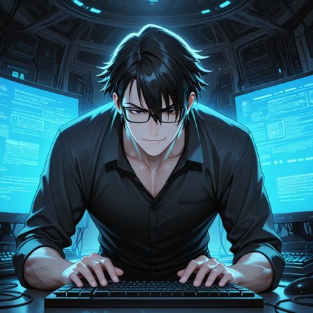 masterpiece, best quality, amazing quality, absurdres, newest, detailed background, definition so sharp, Ultra-HD, 8K cinematic, very awa, impressionate, amazing quality, highres, 
solo, male focus, manly, 
saruhikofushimi, saruhiko_black hair, saruhiko_black eyes, 1boy, short hair, glasses, typing, keyboard, multiple monitors, code, glowing screen, confident smirk, cool colors, cybernetic, skilled, powerful, charming, slightly sexy
