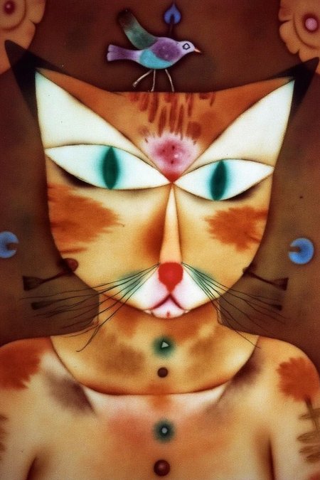 paulklee1 painting. A cat with a symmetrical face and exaggerated, almond-shaped eyes. One eye is turquoise blue, the other is a darker blue. There is a bird standing above the cat's eyes. <lora:paulklee1_cap_d8a4e6:1.0><lora:839149353366147377:0>