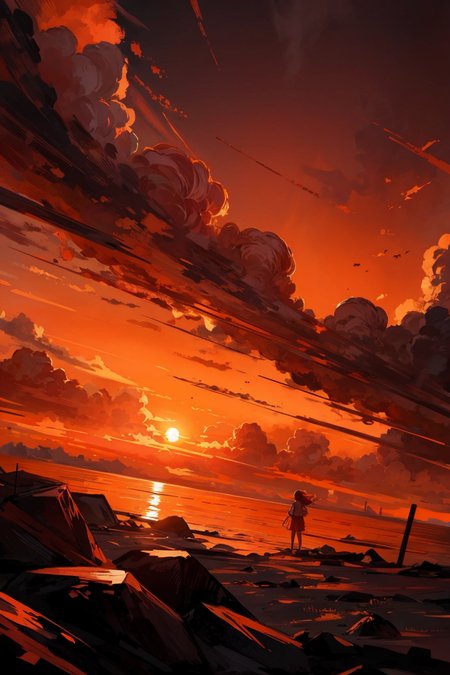 A fiery sunrise paints the sky in shades of orange and pink,<lora:add_detail:0.7>, <lora:cartoonisationer-V4-8:1>