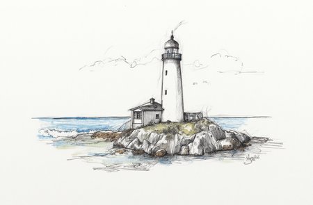 Sharp image of a rough sketch, rendered in vibrant multi colour ballpoint pen, capturing the adorable features of a black and white pencil sketch of a lighthouse on a rocky shore. The lighthouse is tall and slender with a pointed top and a small cabin on the right side. It has a small window on the left side and a staircase leading up to the entrance. The sky is cloudy and the ocean is visible in the background, with waves crashing against the rocks. The overall mood of the image is peaceful and serene.  p3nsk, <lora:p3nsk:1>