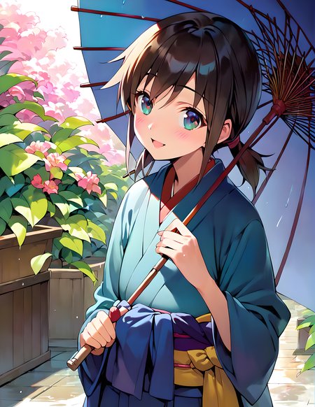<lora:pony_xl_ayumi:0.8>,ayumi,score_9,score_8_up,score_7_up,source_anime,1girl,happy,;d,japanese garden,rainy days,cowboy_shot,japanese_clothes,light_blush,holding_umbrella,