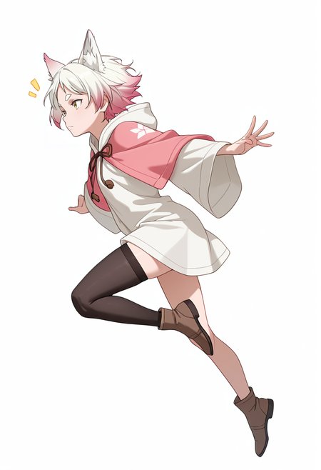 Smooth Quality,masterpiece,very intricate, high quality details, ultra realistic, high detailed skin,detailed enviorement,absurdres,
simple background, white background,solo,
jumping pose, arms spread wide, legs bent mid-air, joyful expression, dynamic energy,  ,from side,thinking,frown, 
poncho,  ,coat, ,asymmetrical stockings,  , 
 <lora:Momiji_cnn:0.8> momijicnn,1girl, wolf ears, yellow eyes, white hair, pink hair, short hair, gradient hair, thick eyebrows,