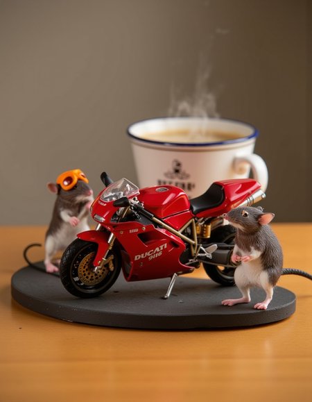 realistic photo of a Miniature Ducati 916 motorcycle, on the kitchen table next to a steaming mug of coffee, a cute mouse wearing motorcycle goggles is standing next to the motorcycle getting ready to ride, sharp focus, highly detailed, <lora:FLUX.1d_-_Miniatures:1>, flxmni, solo, <lora:Ducati 916:1>