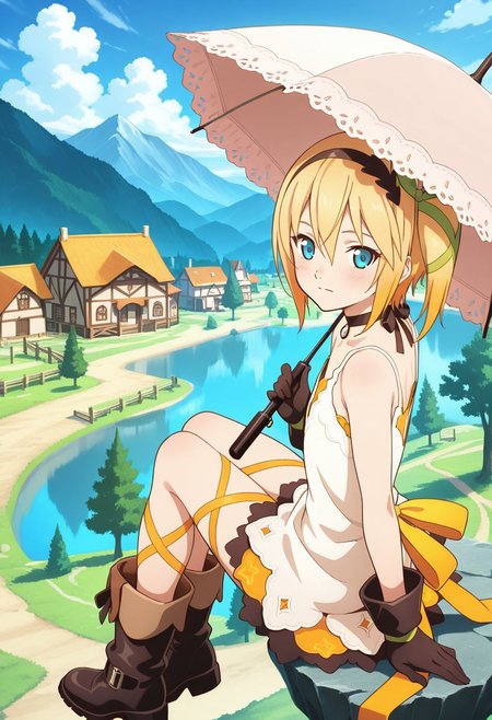detailed eyes, beautiful, detailed background, perfect eyes,
source_anime, very aesthetic, anime coloring,
<lora:HandFineTuning_XL:1>
BREAK,
village, trees, 
full body, flat chest, 
open smile, blush,
BREAK,
<lora:edna_illustrious_v01:0.9>short hair, floating, from behind, blonde hair, multicolored hair, orange hair, blue eyes, hair between eyes, white dress, sleeveless dress, boots, leg ribbon, bow hairband, hair bow, hair ribbon, umbrella, from side, expressionless, ednabase, sitting, frown, side ponytail