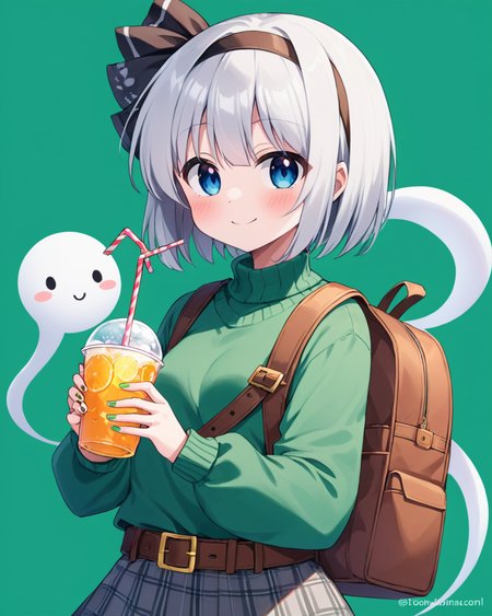 konpaku youmu,1girl, solo, green_sweater, smile, alternate_costume, blush, looking_at_viewer, closed_mouth, star_\(symbol\), hairband, drinking_straw, plaid, green_shirt, twitter_username, holding_cup, ghost, brown_belt, drink, fingernails, puffy_long_sleeves, backpack, ribbon, green_background, nail_polish, grey_skirt
<lora:konpaku_youmu_image12882_2023-12-14-000004:1>,star-shaped_pupils,symbol-shaped_pupils,. gorgeous,key visual, vibrant, studio anime,award-winning, professional, highly detailed,high budget, cinemascope