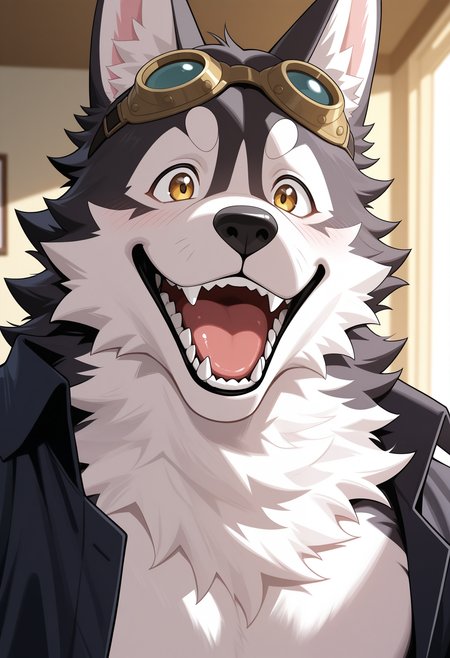 masterpiece,best quality,amazing quality, 1boy, solo, y0k1, dog boy, goggles, goggles on head, black fur, black shirt, open shirt, close up, side angle, happy, smile, excited, outside,