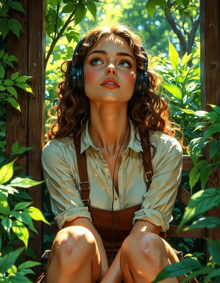a person with wavy brown hair, wearing big black headphones, sitting calmly surrounded by lush green forest foliage.  They're looking upwards into the sunny sky, enjoying the peace. They have on a light-colored button-down shirt and brown suspenders. Sunlight is filtering through the leaves, casting soft shadows and highlights all around, especially on the textured bark of the trees and the soft fabric of their clothes. The artistic style is like a detailed digital painting with soft, natural light, focusing on the textures of the leaves and the person's curly hair, <lora:- Flux1 - vanta_black_V2.0:0.6>, <lora:Vibrantly_sharp_style_v.2:0.8>, <lora:Cozy_Paradise:0.8>, <lora:FantasyWizardWitchesFluxV2-000001:0.8>