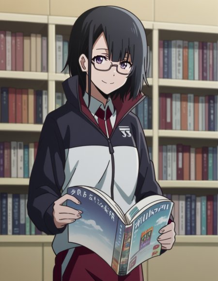 score_9, score_8_up, score_7_up, source_anime, <lora:yuika-shiwahime-s1-ponyxl-lora-nochekaiser:1>, yuika shiwahime, short hair, black hair, purple eyes,, shirt, jacket, necktie, shorts, sleeves past wrists, track jacket,, library, reading books, glasses, quiet, focused, shelves of books, smile, looking at viewer, v, v over eyes,, solo,, dutch angle, cowboy shot