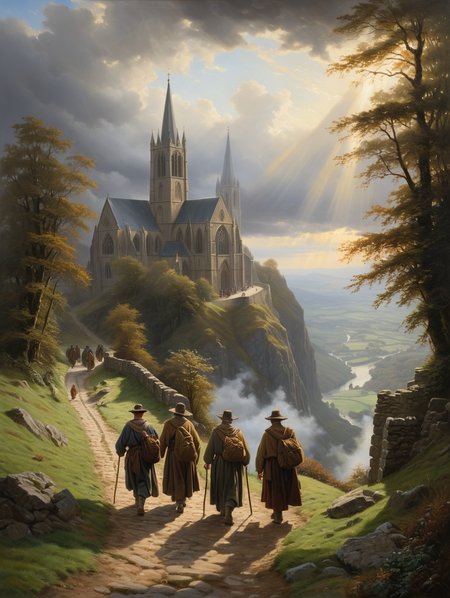 Oil painting,  The pilgrims on their way to the cathedral, dark clouds, fog rolls in, breathtaking atmosphere, mystic,, masterpiece, high detail, 8k, intricate, detailed, high resolution, high res, high quality, <lora:add-detail-xl:1.8>, highly detailed, Extremely high-resolution details, fine texture,