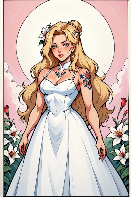 comistylepdxl, 1girl, blonde hair, solo, dress, long hair, flower, white dress, breasts, hair ornament, tattoo, hair flower, hair bun, , PnyCmicXLPOS, ErthIllustPDXL_POS, <lora:ComicsV3PDXL:1>