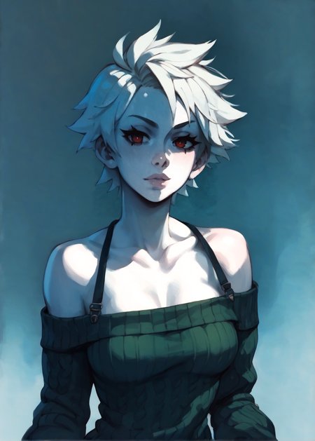 white skins, spiky red short tomboy hair, neutral expression, tight sweater, <lora:NAHIRI:1> nahiri, 1girl, solo, short hair, breasts, bare shoulders, white hair, colored skin,  <lora:RD-MAnon-XLV1.1:1>  female,, source_anime, score_9_up,  score_7_up, score_8_up