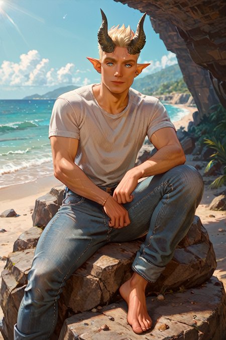 score_9, score_8_up, score_7_up, score_6_up
<lora:BGDammon:1.0>
BGDammon, 1boy, blonde hair, blue eyes, demon horns, pointy ears, looking at viewer, male model in a white t-shirt, sitting on a beachside rock, jeans rolled up, barefoot, gazing at the horizon, soft sunlight, serene expression