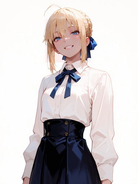 perfect quality,high quality,masterpiece,best quality,amazing quality,very aesthetic,absurdres,Cinematic Lighting,newest,
front view,full_shot,Teasing grin,
saberCYQL,solo,1girl,blonde hair,hair bun,ahoge,bangs,hair between eyes,french braid,single hair bun,hair ribbon,blue eyes,shirt,white shirt,ribbon,blue ribbon,neck ribbon,collared shirt,long sleeves,skirt,blue skirt,high-waist skirt,
full body,standing,caramelldansen,,
fuchsia background,simple background,
748cmstyle,EtherStyle,<lora:96YOTTEA-WAI:0.3>,<lora:EtherSDXL:0.4>,<lora:illustrious_all_rated_v1:0.5>,<lora:spo_sdxl_10ep_4k-data_lora_webui:0.6>,<lora:ponyv5_noobV065S_1_adamW:0.7>,<lora:748cmSDXL:0.8>,<lora:lora-000008.by_tusi:1>,