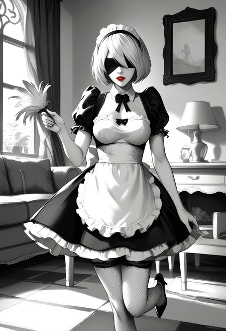 reij-bnwrt, black and white, manga art style, greyscale, monochrome, (drawn:1.1), (sketch:1.5), (crosshatching:1.25), score_9, score_8_up, score_7_up, masterpiece, best quality, absurdres, highly detailed, 
BREAK 
1girl, solo, Jedtwb, 2b, Nierautomata, short white hair, black blindfold, Jed-frmd, French Maid, a short, frilly black dress with white apron, fishnet stockings, (Louboutins:1.4), (matte red lips:1.4), (skindentation:1.2), holding feather duster, 
BREAK 
indoors, luxurious mansion, grand dining room, ornate, rich, whatever luxury stuffs