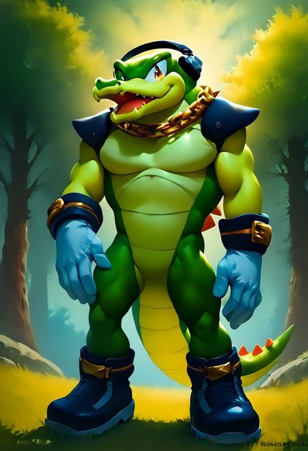 score_9, score_8_up, score_7_up, (best quality:1.1), (((ultra-detailed))), (((high resolution))), (((8k))), male, source_furry, male, solo, Vector the crocodile, headphones, gold chain necklace, white gloves, black boots,, green skin, scalie, crocodile, featureless crotch, looking at viewer, (standing, dynamic, dancing, pose), smiling mouth, open mouth, 
BREAK
Outside, park, trees, grass, day, sun, clouds, detailed background, outdoor, by Akami Mirai