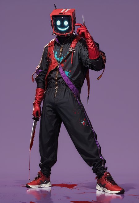 (score_9, score_8_up), score_7_up, 1boy, solo, simple background, bright purple ground, glowing, urban street wear, knife, hand up, dancing, back pack, baggy clothing, nike shoes, over sized gloves, red gloves, screenface, screen head, simple face, smile, looking at viewer, blood splatter, blood <lora:Screen_Face:0.7>