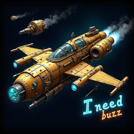 A steampunk-inspired spaceship schematics, highly detailed and intricate, featuring bronze and brass mechanical components, exposed gears, steam vents, and glowing blue energy cores. The ship's hull is decorated with intricate engravings and rivets, giving it a vintage industrial look. Large, mechanical wings with piston-like structures extend outward, and there are steam exhaust pipes releasing gentle puffs of steam. A prominent sign on the side of the spaceship reads "I need buzz" in stylized, glowing lettering, resembling an old-fashioned neon sign. The background features a deep space setting with stars, nebulas, and asteroids to complement the steampunk aesthetic.
