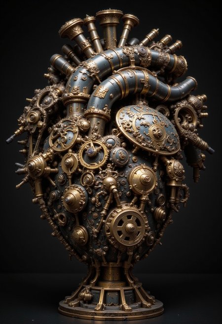 A human heart, crafted entirely from intricate clockwork gears and cogs, beats rhythmically in the center of a darkened chamber. The gears, made of polished brass and shimmering silver, rotate and mesh with precision, their movements creating a mesmerizing dance of light and shadow.  Delicate springs and levers, mimicking the valves and arteries of a real heart, pulse with each beat. The chamber is filled with the soft ticking and whirring of the clockwork mechanism, a symphony of mechanical life. This image captures the beauty and complexity of the human heart, reimagined as a marvel of clockwork engineering, a testament to the delicate balance between life and machine.