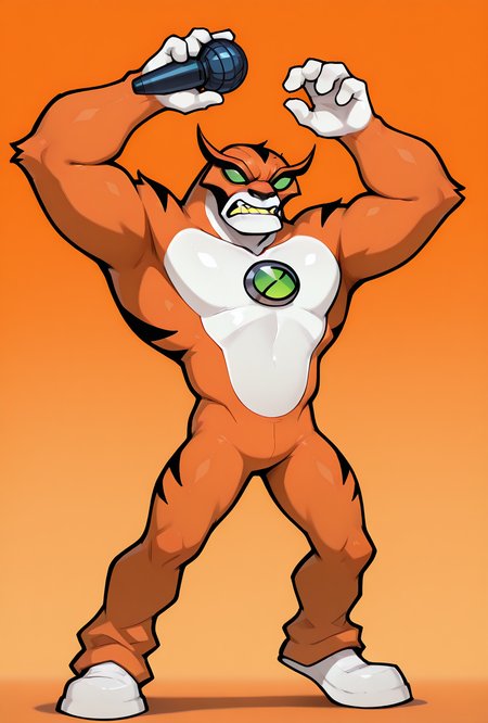<lora:rath-10:1> rath, furry, 1boy, green eyes, green sclera, solo, no humans, , fangs, orange fur, sharp teeth, big arms,   no pupils, big body, orange background, clenched teeth, dynamic pose,  <lora:17bucks_Style_Illustrious:1> 17bucks, gradient color, 2d, standing, holding microphone, full body ,, masterpiece, best quality, amazing quality, very aesthetic, absurdres, newest,